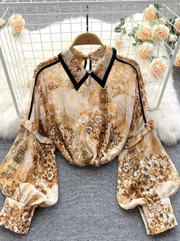 Znbbw Autumn Puff Sleeve Shirts Blouse Women Floral Long Sleeve Lapel Buttons Vintage Shirts Elegant Blouses Tops Female GD631 - Image 3