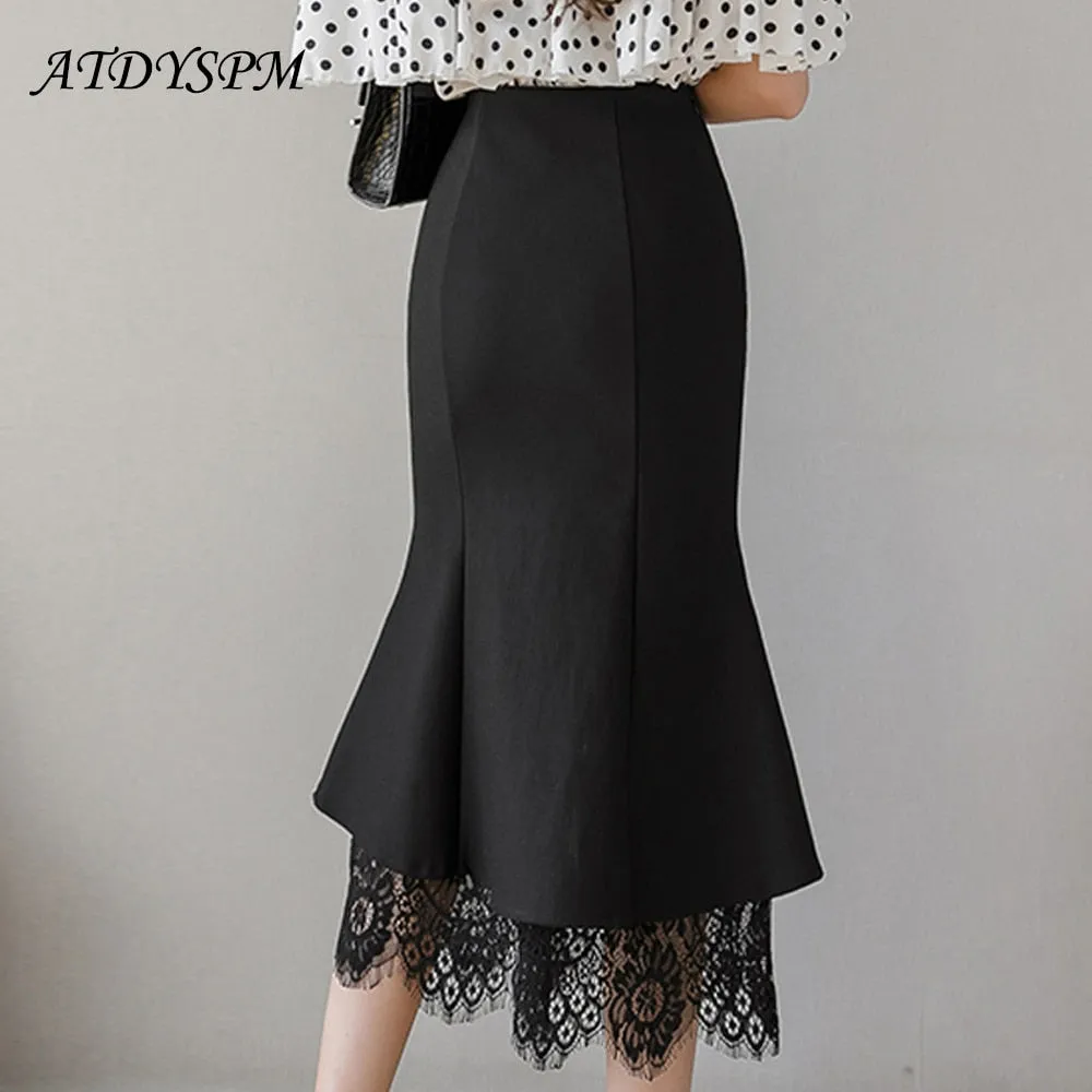 Znbbw Women Skirts Sexy Lace Patchwork Mermaid Skirts High Waist Stretch Office OL Black Midi Skirt Ladies Casual Party Skirt - Image 5