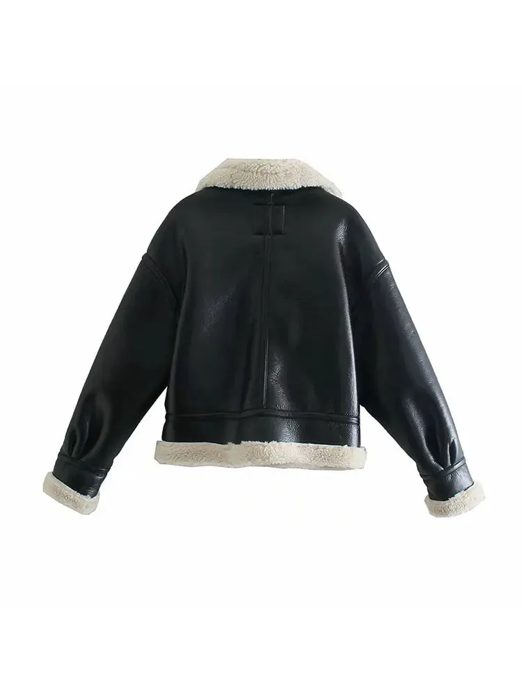 Znbbw Women Streetwear Faux Lamb Leather Fur Lapel Crop Jacket Autumn Female Moto Biker Thick Warm Sheepskin Outwear Coat - Image 2