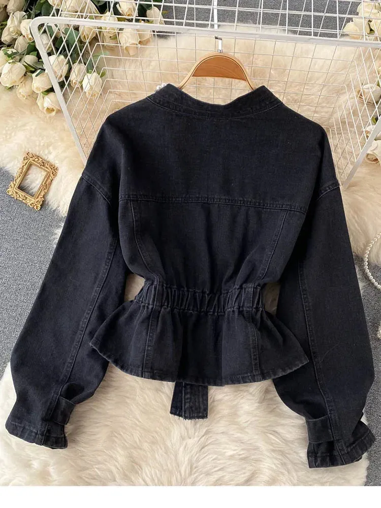 Znbbw 2024 New Retro Denim Jacket Female Temperament V-neck Single-breasted Beaded Waist Slim Crop Top KK1333 - Image 2