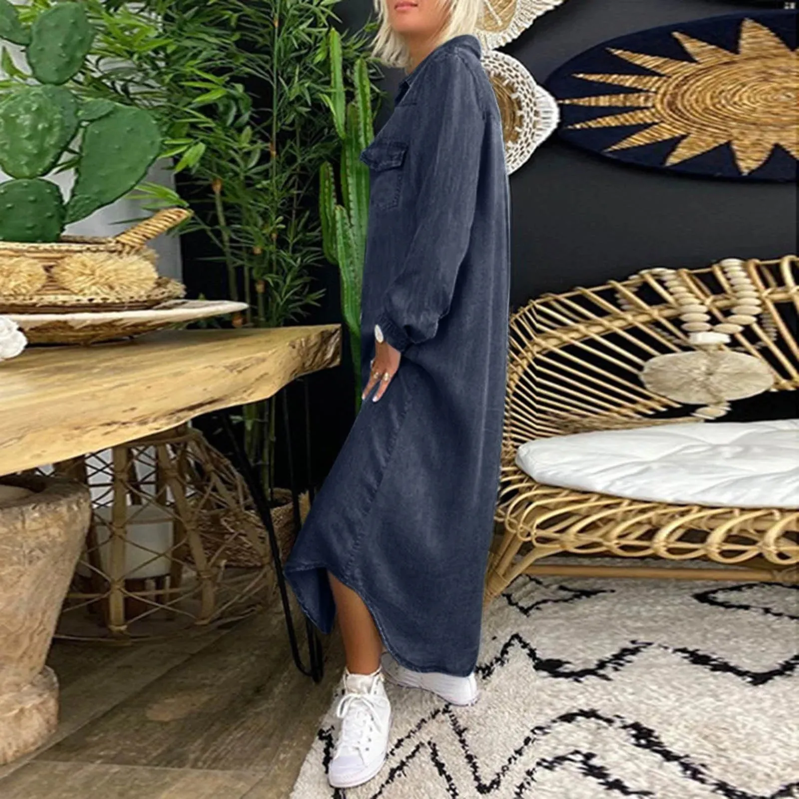 Znbbw Women Vintage Casual Solid Denim Dress Summer Fashion V Neck Long Sleeve Button Pocket Loose Long Maxi Dress Mother Day GIfts - Image 4