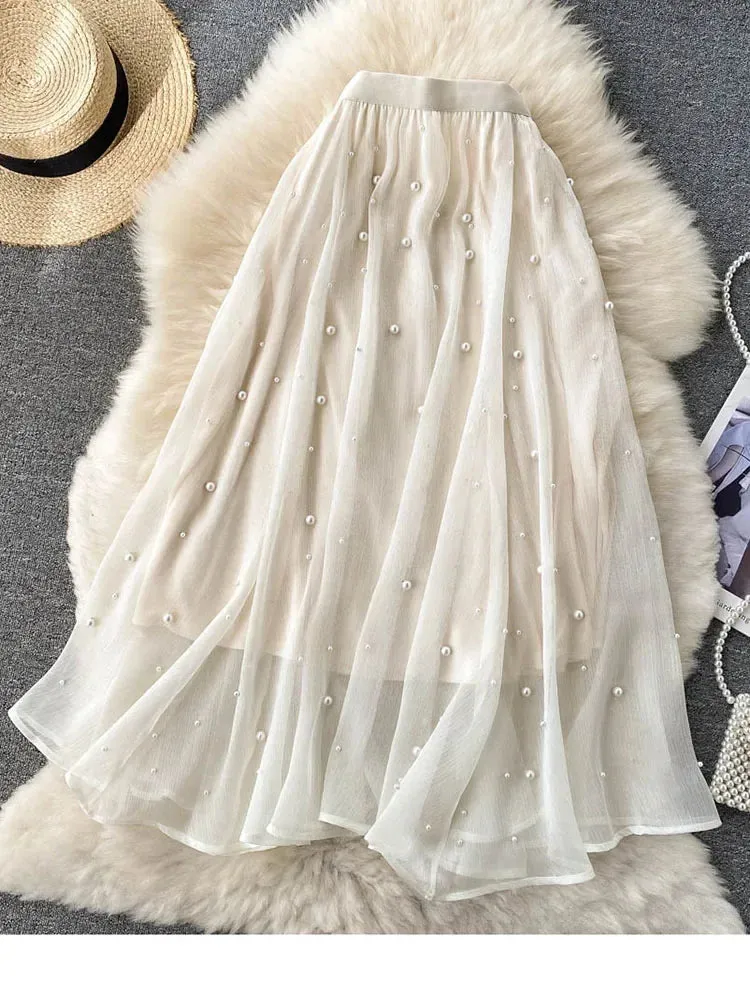 Znbbw Women's Spring Summer New Beaded Streamer Skirt All-match Mid-length Gentle Wind Skirt D0145 - Image 3