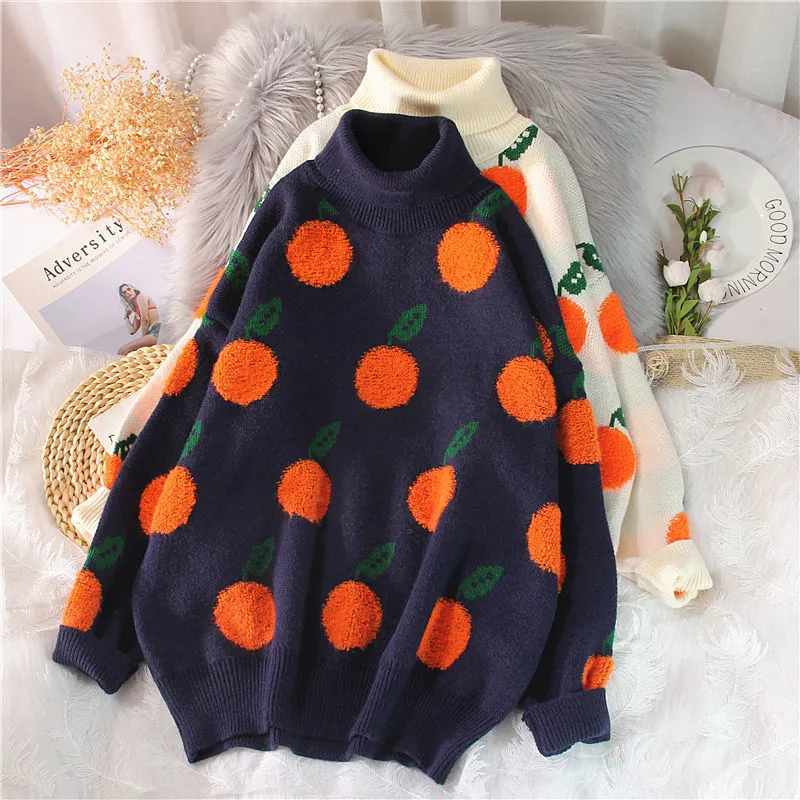 Znbbw 2023 Autumn Winter Sweaters Pullover Cherry Pattern Long Sleeve Sweater Women Turtleneck Knitted Jumpers Sweater Mujer - Image 10