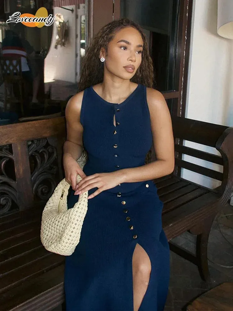 Znbbw Women New Fake Pockets Knitted Long Dress Fashion Single Button O Neck Sleeveless Slim Dresses Elegant Summer Lady Commute Wear - Image 5