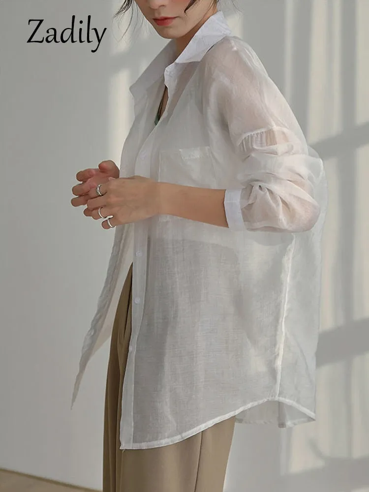 znbbw 2023 Summer Long Sleeve Chiffon White Shirt Women Transparent Button Sun Protection Ladies Blouse Beach Female Clothing - Image 5