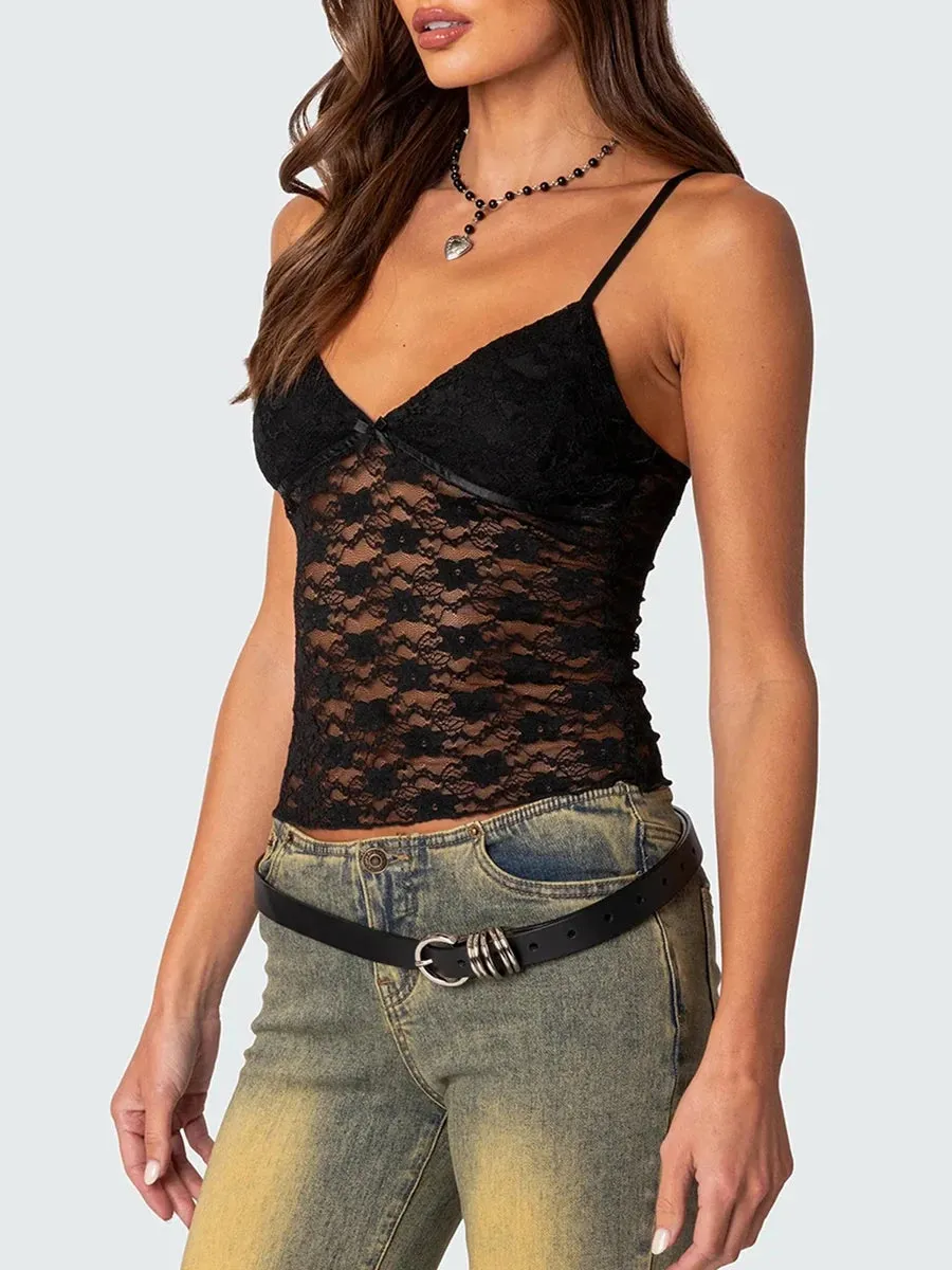 Znbbw Women Summer Vintage Black Lace Flower See Through Cami Crop Tops y2k Fairy Sleeveless V-neck Aesthetic 2000s Gothic Tees - Image 3
