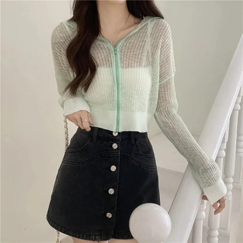 Znbbw Arrival Hoody Knitted Cardigan Girls Summer Thin Transparent Zipper Tee Shirts Women Outerwear Crop Tops - Image 3