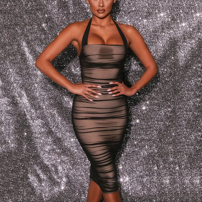 Znbbw 2023 Mesh Halter Ruched Bodycon Party Dress Women Double Layer Summer Spring Dresses Partywear Sexy Backless Vestidos - Image 2