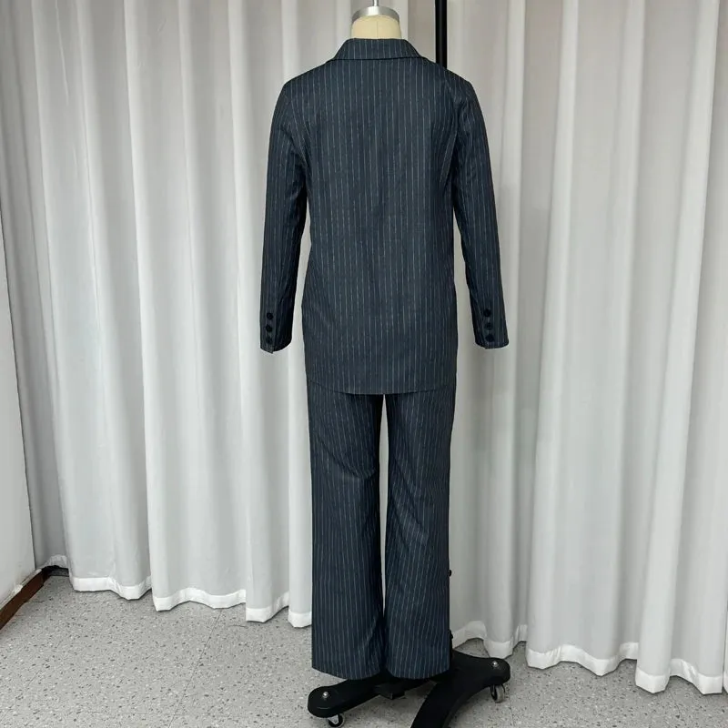 Znbbw Women Suit Two Piece Autumn Winter Fashion Striped Printed Office Lapel Long Sleeve With Pocket 2 Button Top Loose Pants - Image 5