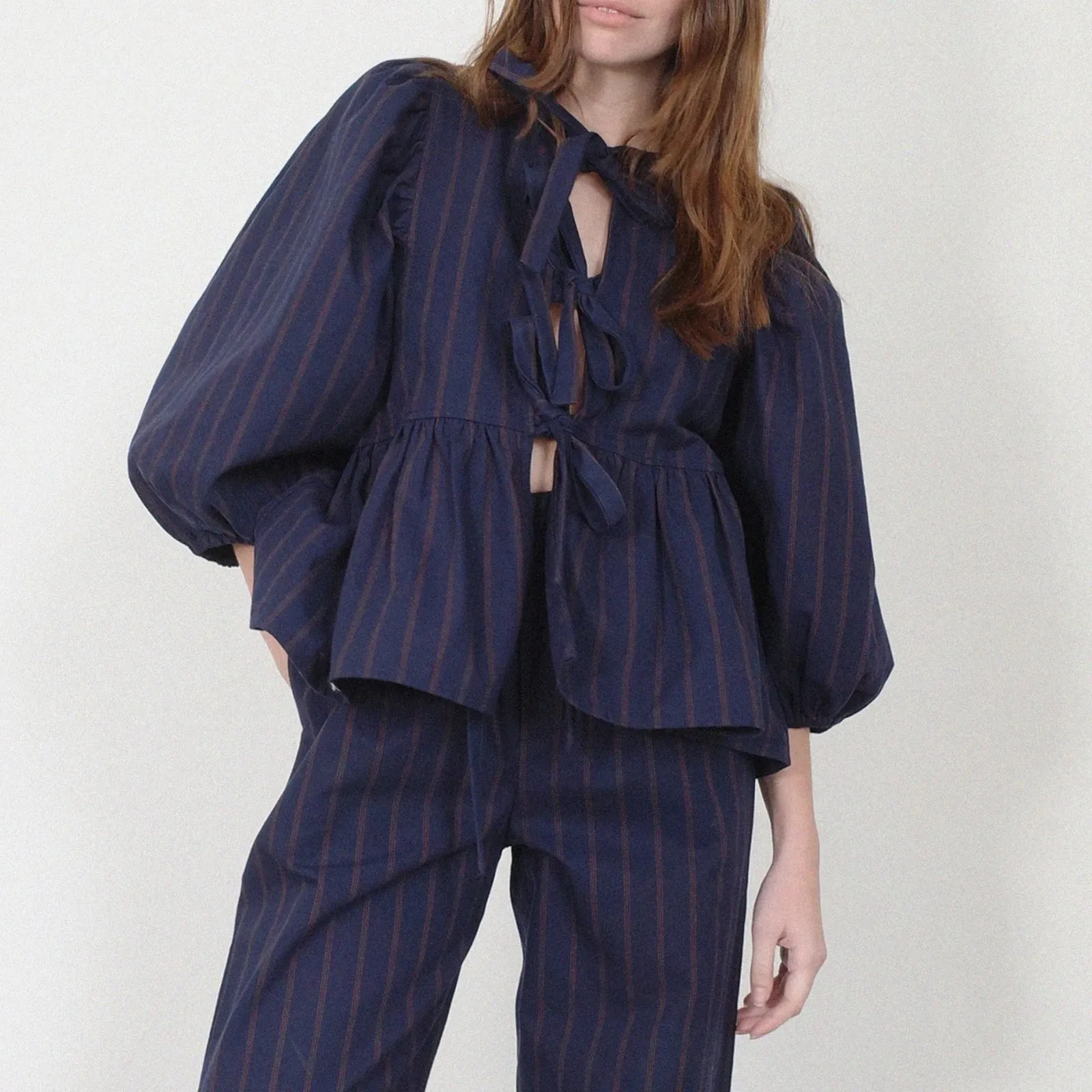 Znbbw Women y2k Puff Short Sleeve Shirts Tie Front Ruffle Hem Loose Office Blouse Tops Teen Girls Lace up Cute Summer Kawaii Tops - Image 3