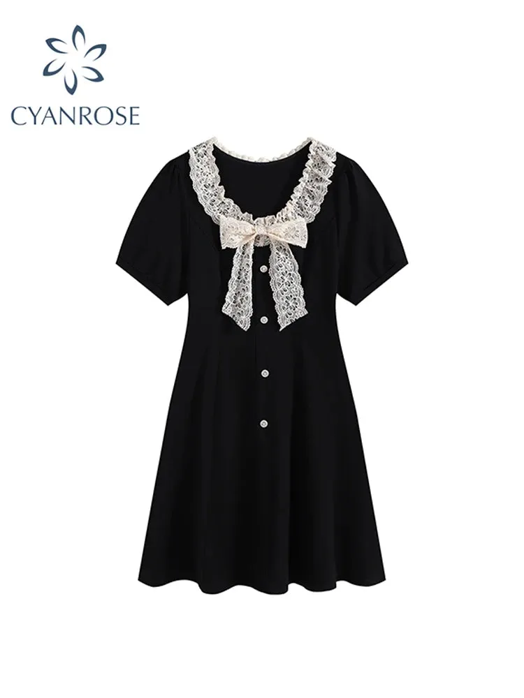 Znbbw Women Lace Patchwork Short Sleeve Black Gothic A-line Mini Dress Korean Harajuku Vintage Dress Y2k One Piece Frocks 2024 Summer