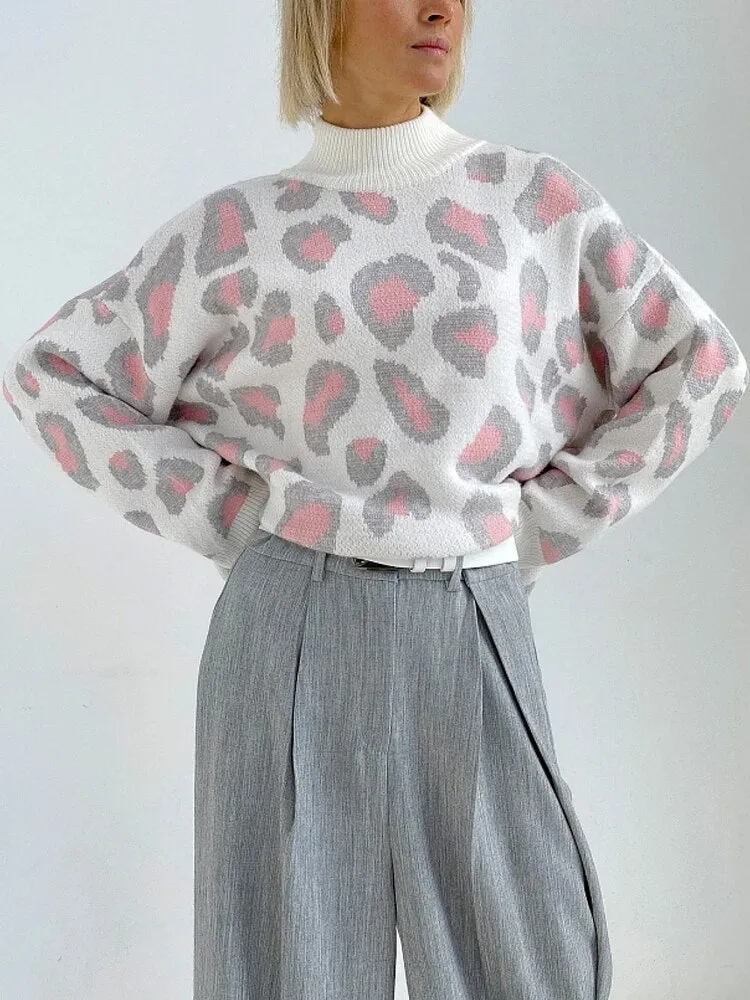 Znbbw Women Leopard Print Sweater 2023 Winter Casual Long Sleeve Oversized Pullovers Tops Female Fashion Turtleneck Knitted Sweaters - Image 3