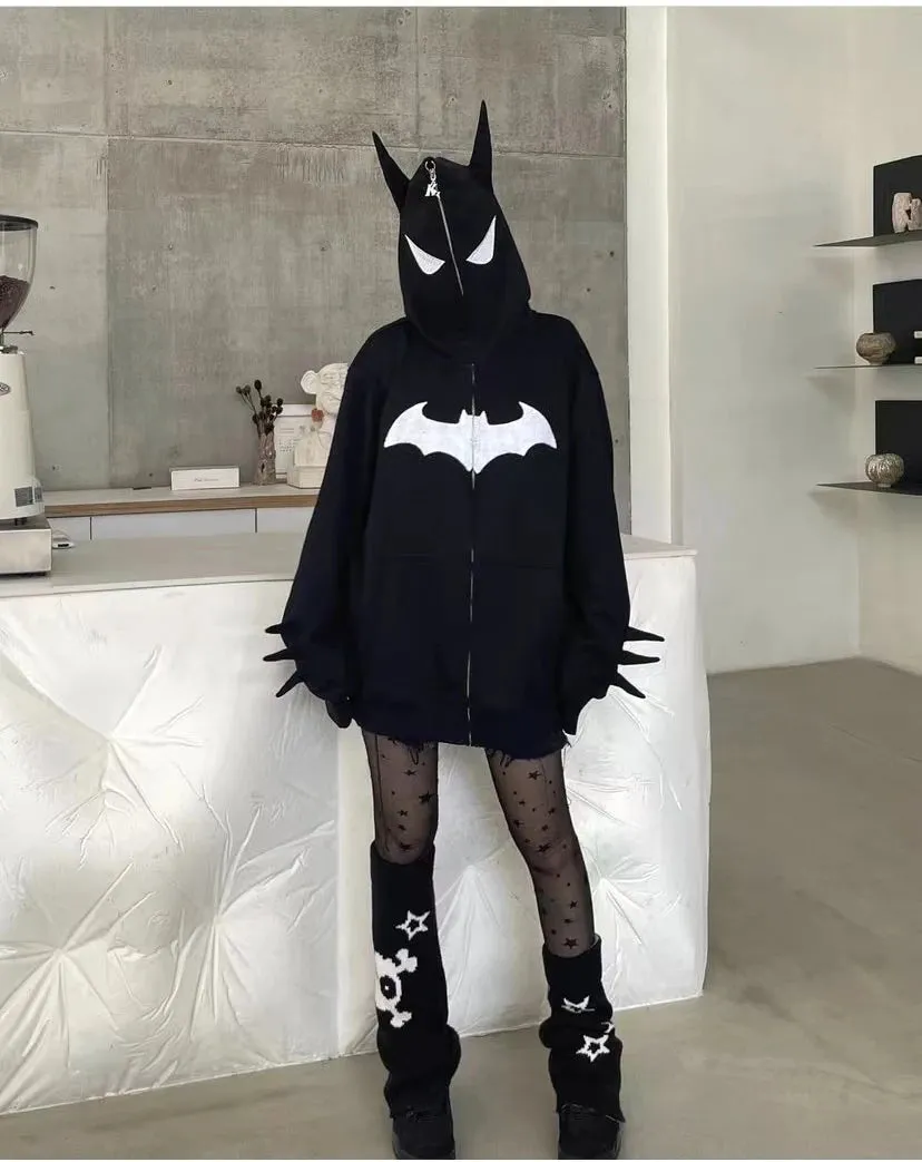 Znbbw and Winter Men's and Women's Bat Embroidery Loose Hip Hop Fashion Versatile Full Chain Hooded Cardigan Sweater - Image 4