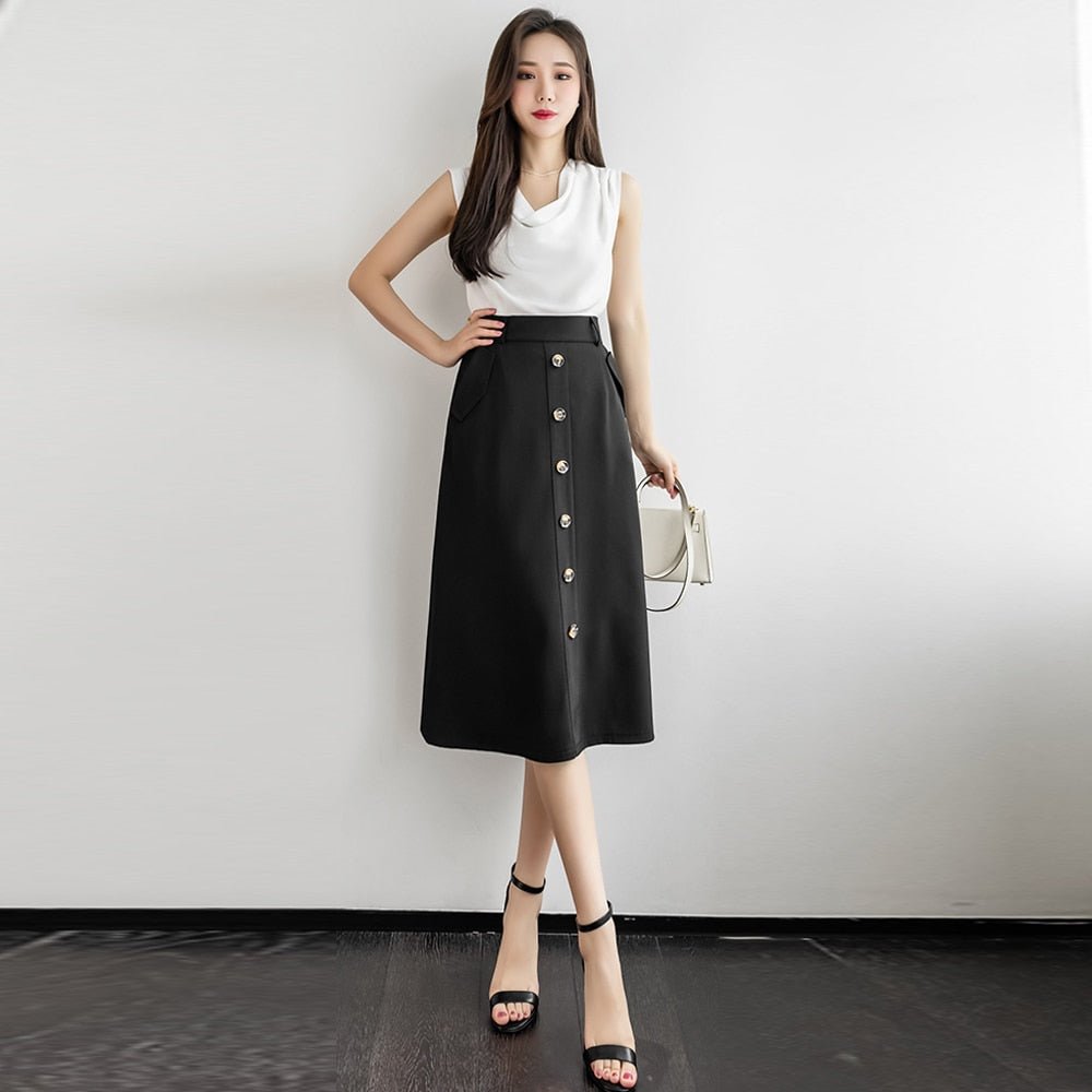 Znbbw Women's Skirts High Waist Single-Breasted Midi Skirts With Poakets Elegant Office All-Match Casual A-Line Skirts Jupe Femme - Image 3
