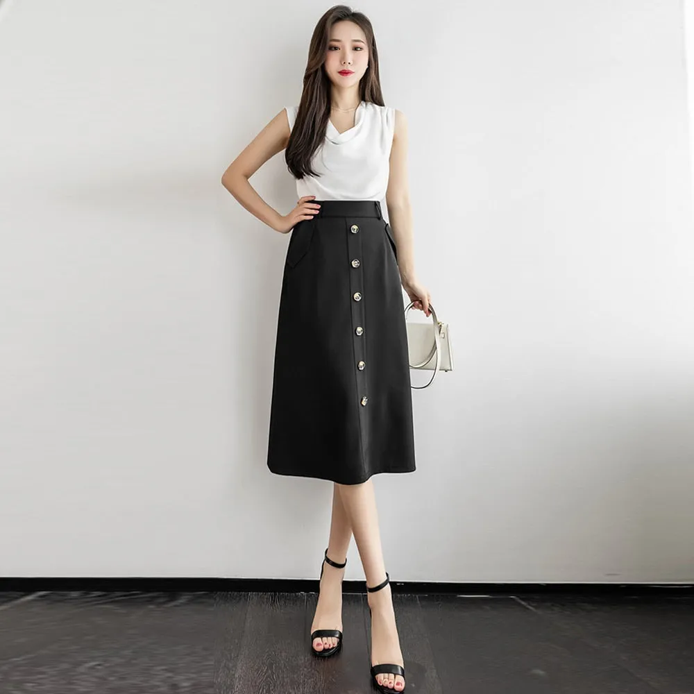 Znbbw Women's Skirts High Waist Single-Breasted Midi Skirts With Poakets Elegant Office All-Match Casual A-Line Skirts Jupe Femme 0410 - Image 3