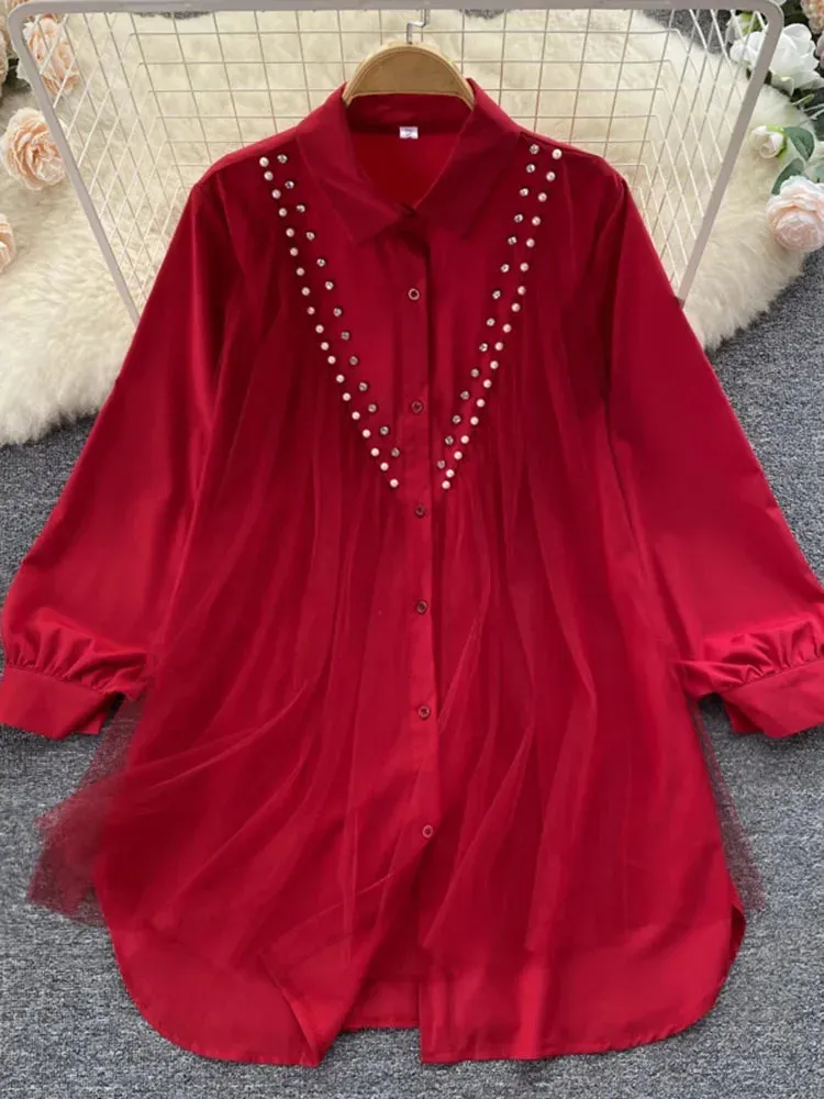 Znbbw Autumn High-end Mesh Gauze Studded Beads POLO Collar Dress Female Cold Wind White Temperament Shirt Top Women Blouse D1489 - Image 8