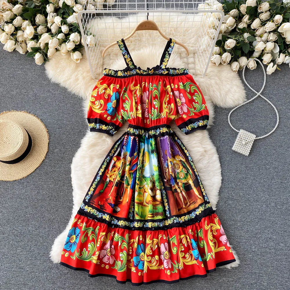 Znbbw 2023 Runway Summer Sexy Off Shoulder Cotton Dress Women's Elastic Waist Vintage Warrior Print Ruffles Dresses Vestdios - Image 2
