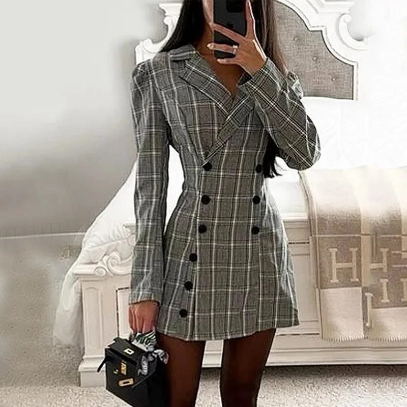 Znbbw Women Mini Dresses Autumn Winter Fashion Plaid Office Lapel Long Sleeve Double Breasted Nipped Waist Dresses Coat - Image 2