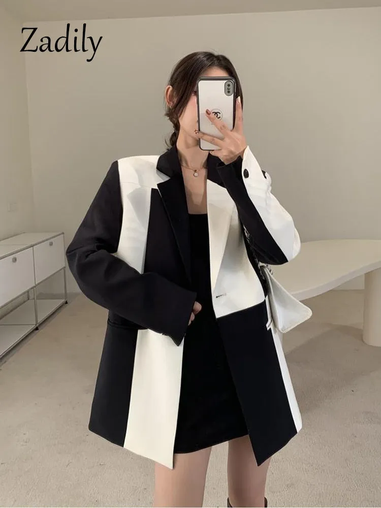 znbbw 2023 Herfst Oversize Volledige Mouw Vrouwen Lange Blazer Kantoor Dame Zwart Wit Patchwork Pak Blazer Werk Vrouwelijke Kleding Jas - Image 6