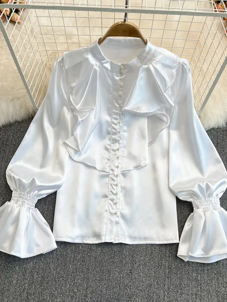 Znbbw Women New Spring Autumn Ruffled O-Neck Embroidered Flares Blouses Buttoned Ladies Temperament Trumpet Sleeves Shirt Tops D0489 - Image 8