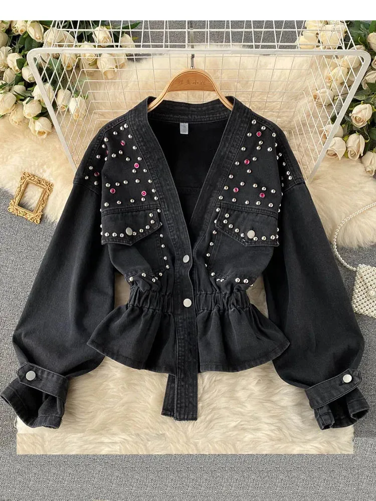 Znbbw 2024 New Retro Denim Jacket Female Temperament V-neck Single-breasted Beaded Waist Slim Crop Top KK1333 - Image 4