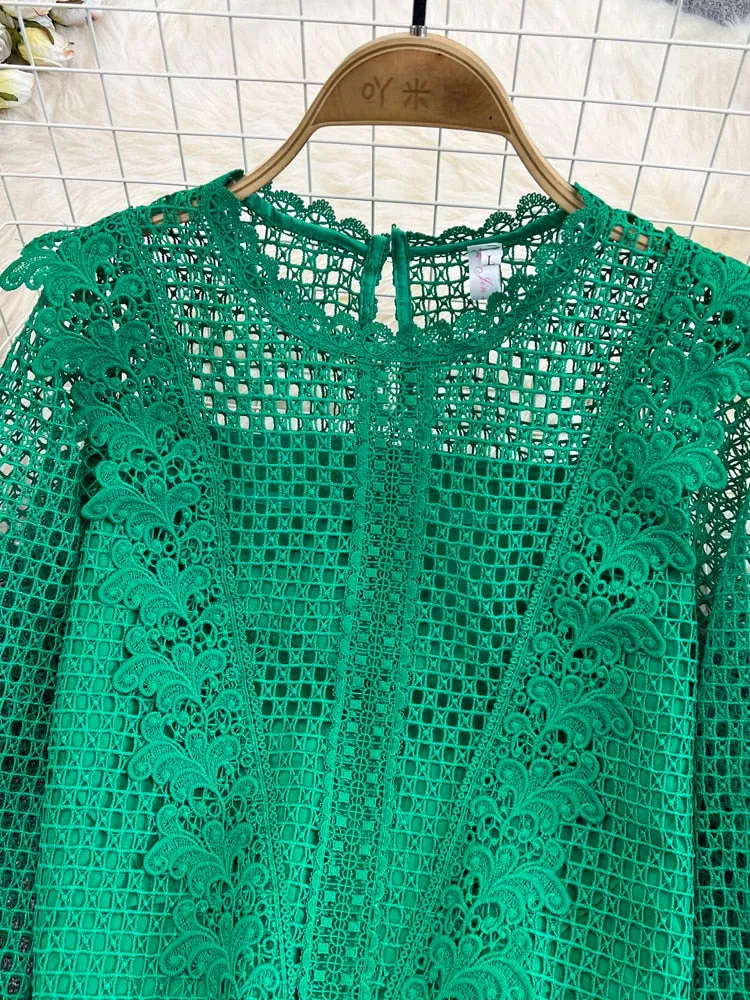 Znbbw Women Autumn Winter Blouse Vintage Round Neck Ruffle Long Sleeve Loose Hook Flower Cut Out Water-soluble Lace Shirt D2062 - Image 2