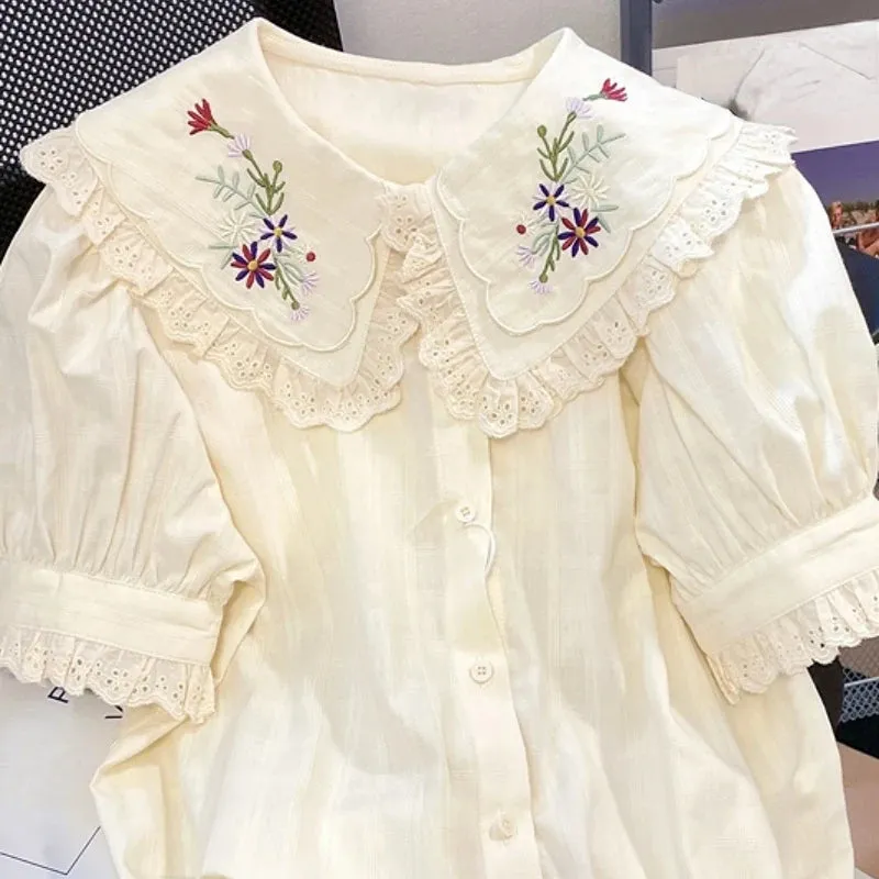 Znbbw Women Shirt Peter Pan Collar Floral Embroidery Hollow Out Ruffles Blouses French Casual Fashion Sweet Short Puff Sleeve Tops - Image 2