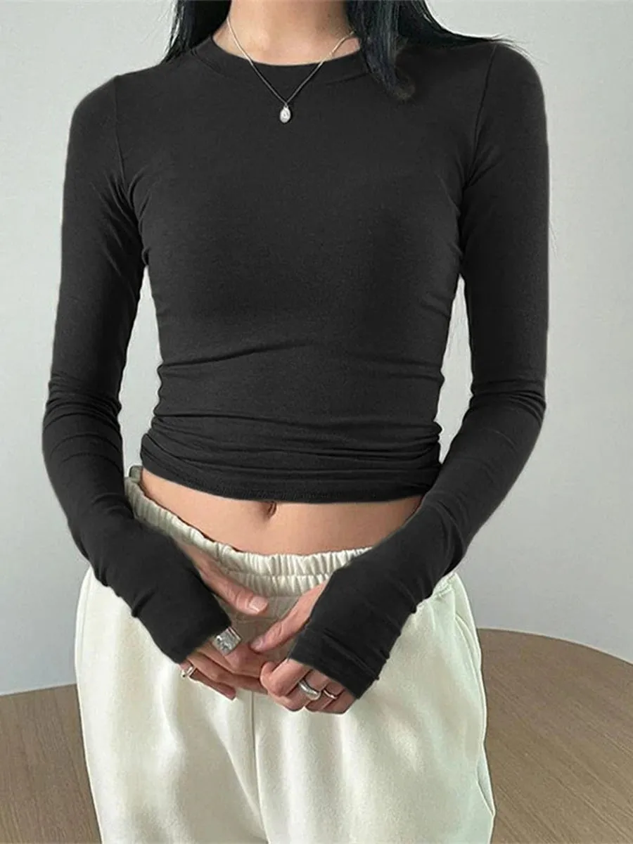 Znbbw Women Spring Autumn y2k Skinny Long Sleeve T-shirts with Thumb Hole Crewneck Solid Slim Fitted Basic Crop Tops Tees Streetwear - Image 5