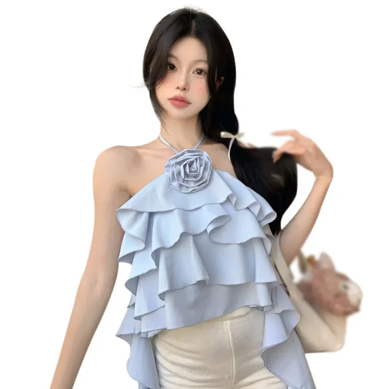 Znbbw Women's Top Women's Vest Ruffle Backless Flowers Versatile Sexy Camisole - Image 4