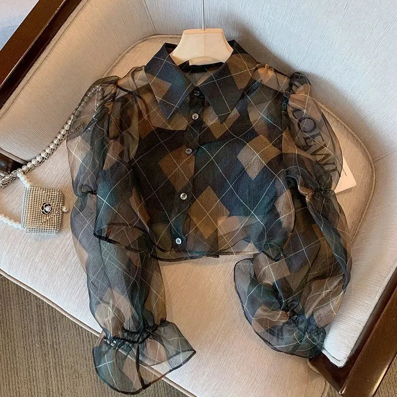 Znbbw Argyle Chiffon Blouse Women Thin Perspective Plaid Flare Sleeve Casual Tops Summer Elegant Office Ladies Button Shirts - Image 3