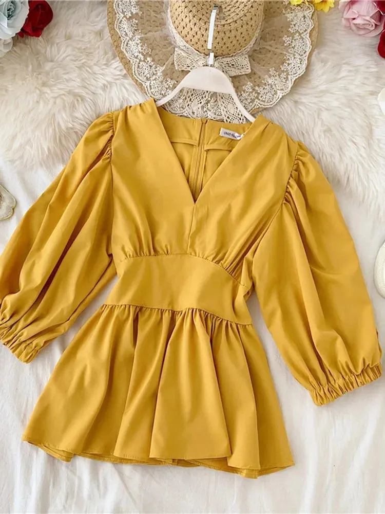 Znbbw Women's V-neck Shirt Spring Summer Temperament Lady Style Was Thin Waist Full Shirt Tide Solid Puff Sleeve Tops Blouses ML564 - Image 8