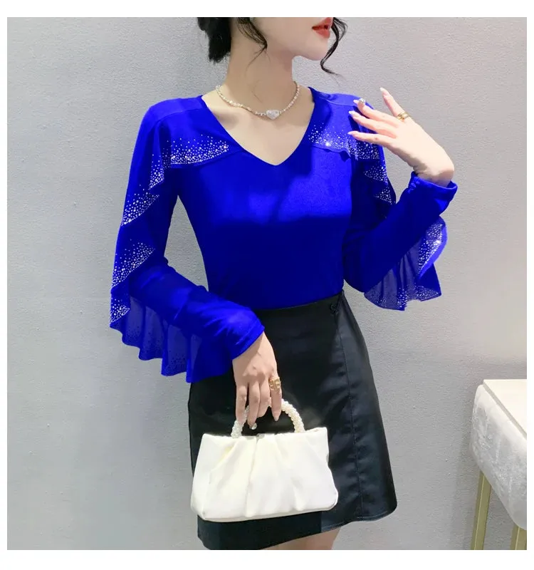 Znbbw Autumn Ringstones Ruffles Long Sleeve Mesh T-shirt Tee New Female Round Collar Sheath Tops T-shirts for women - Image 4