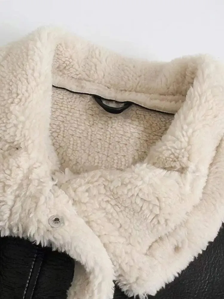 Znbbw Women Streetwear Faux Lamb Leather Fur Lapel Crop Jacket Autumn Female Moto Biker Thick Warm Sheepskin Outwear Coat - Image 3