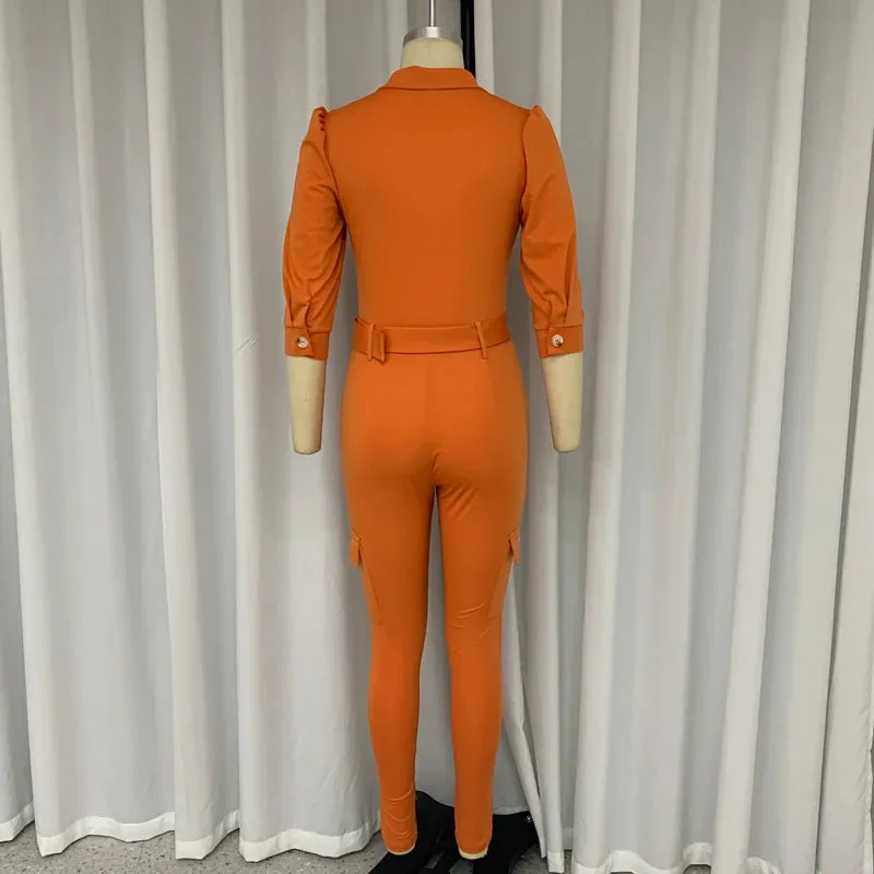 Znbbw Women Jumpsuit Autumn Office Lapel Half Sleeve Romper Solid Color Bodycon Overalls High Streetwear With Belt&Pocket - Image 4