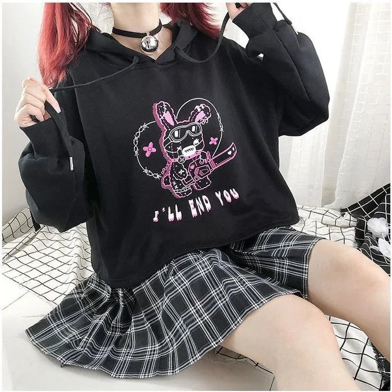 Znbbw Autumn New Hoodies Punk Gothic Patchwork Hollow Out Y2k Clothes Cartoon Print Casual Loose Preppy Style Crop Sweatshirts - Image 2