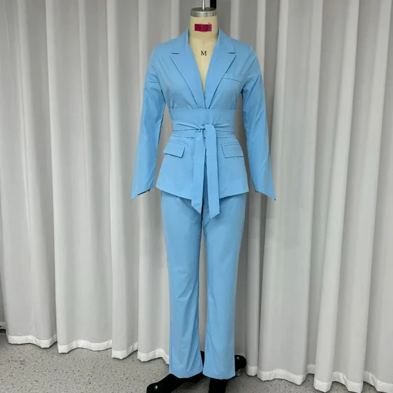 Znbbw Women's Suit Autumn Simple Office Fashion Solid Lapel Long Sleeve Nipped Waist Lace Up Blazer Top Loose Slit Pants Set - Image 3
