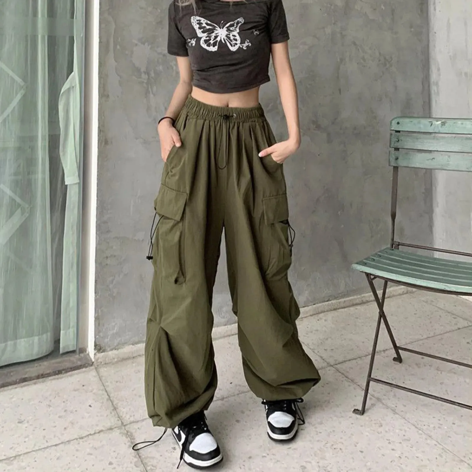 Znbbw Army Green Cargo Pants Sweatpants Streetwear Hip Hop Joggers Drawstring Casual Loose Wide Leg Plus Size Womens Pants - Image 2