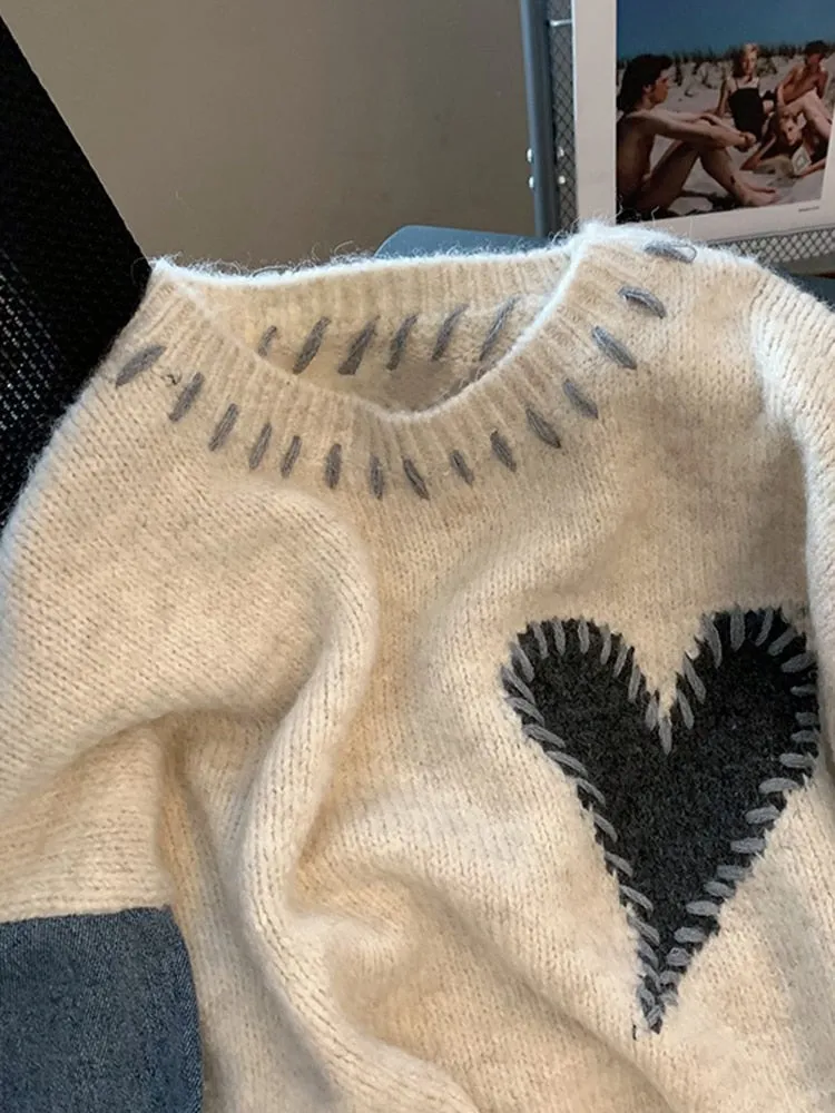 znbbw Autumn Winter Women Denim Patchwork Sweater Long Sleeve O-Neck Heart Pattern Knitted Pullovers Loose Stitching Sweatshirt - Image 2