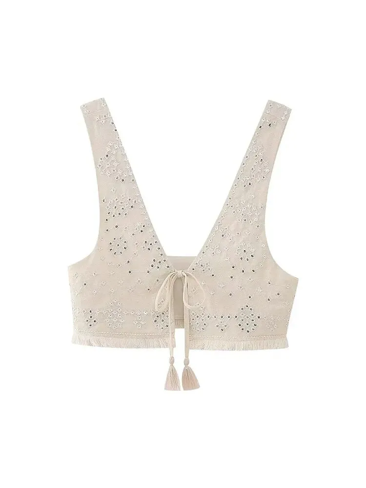 Znbbw Y2K Embroidery Women Waistcoats Summer Lightweight V Neck Sleeveless Tassels Hem Slim Vest Female Crop Top - Image 2