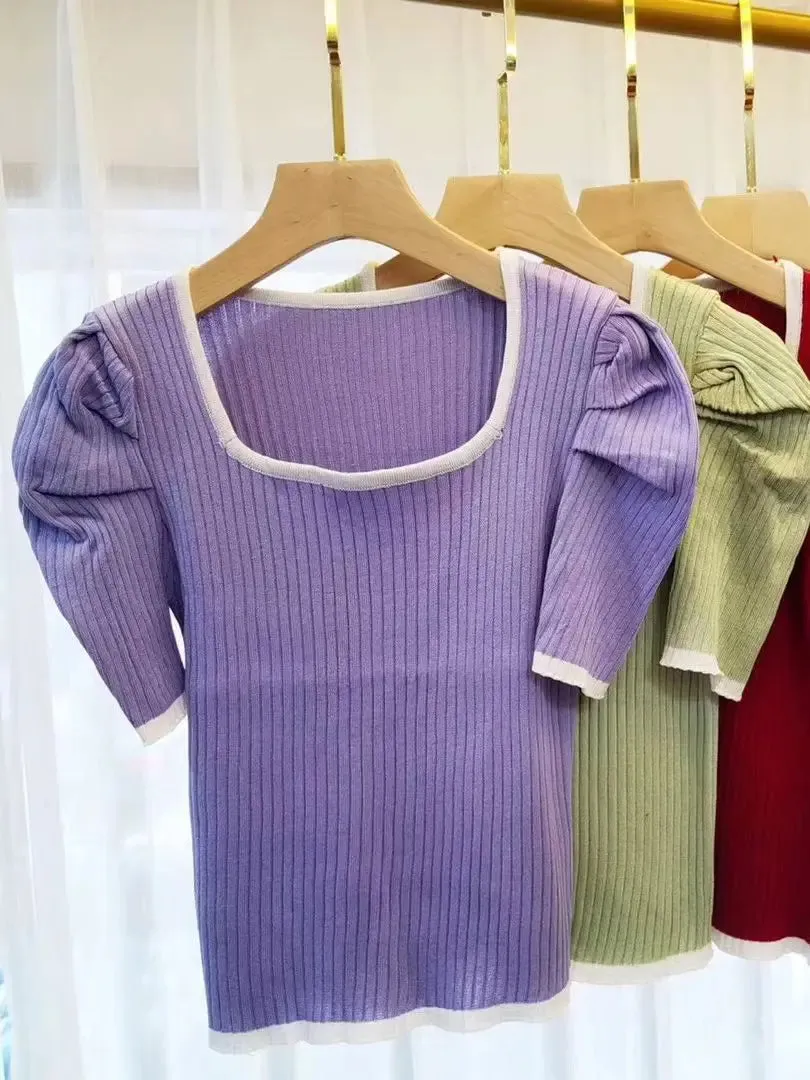 Znbbw Women Short Puff Sleeve Tee Shirts Lady Fashion Patched Square Collar Knit Stretchy Chic Crop Tops T-shirts For Girls Summer - Image 8