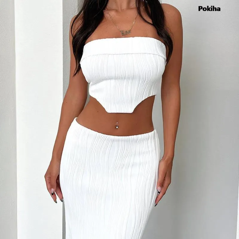 znbbw Women Sexy Sleeveless Strapless Crop Top And Skirt Two Piece Sets Solid Clothes Backless Corset Party Club Prom Fashion 2023 - Image 4