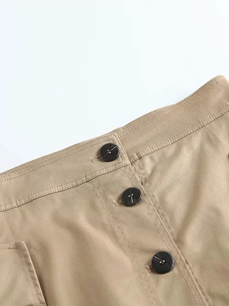 Znbbw 2023 Summer Autumn Skirt Women Loose Pockets Midi Khaki Skirt Women With Button - Image 7
