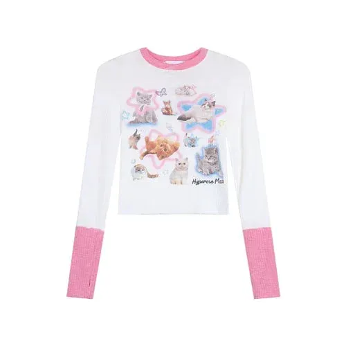 Znbbw Y2k T Shirts Long Sleeve Contrast Color Cartoon Print Aesthetics Crop Tops Spring Female Slim Gyaru 2000s Girl Clothing - Image 3