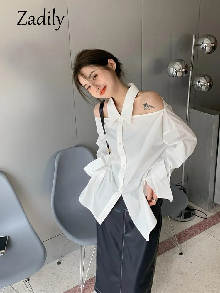 znbbw 2023 Summer Long Sleeve White Shirt Women Korean Style Off The Shoulder Button Ladies Tunic Blouse Female Clothing Tops - Image 4