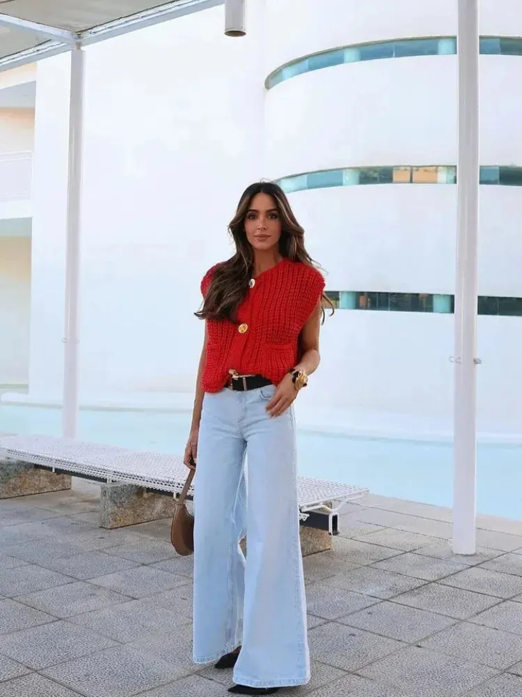 Znbbw Women Knit Cardigan Vest Casual Red Sleeveless O-neck Metal Button Sweater Tank Top Lady High Street Knitted Waistcoat - Image 4