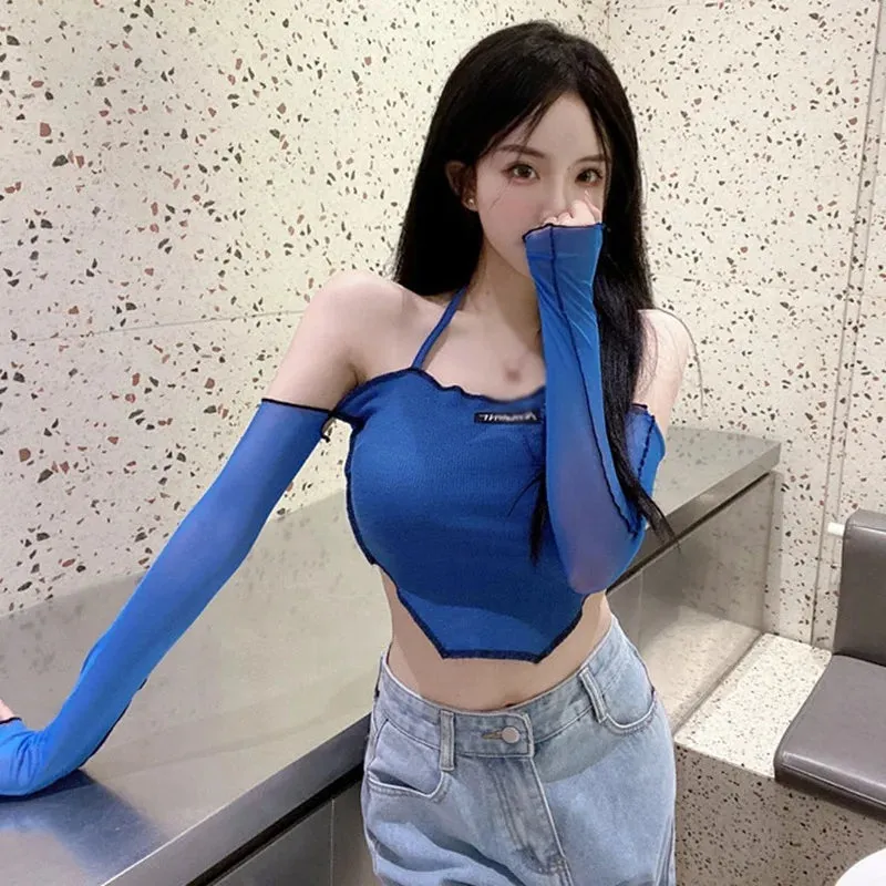 Znbbw Women's Hanging Neck Off Shoulder T-shirt with Mesh Splice Sexy Open Umbilical Long Sleeve Top T-shirt - Image 2