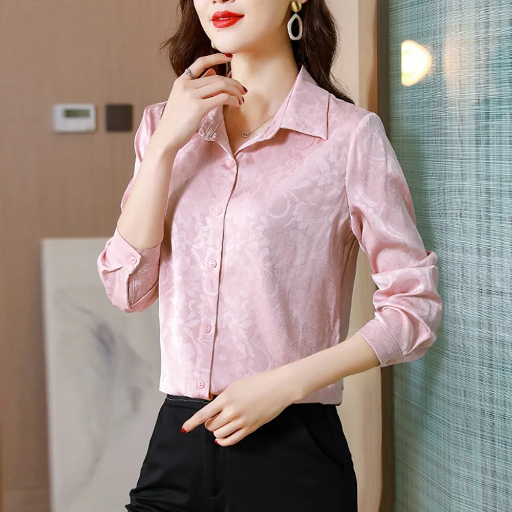 Znbbw Women Shirts And Blouses Fashion Chic Jacquard Blouse Elegant Office Lady OL Soft Draped Satin Shirt Casual Basic Tops Women