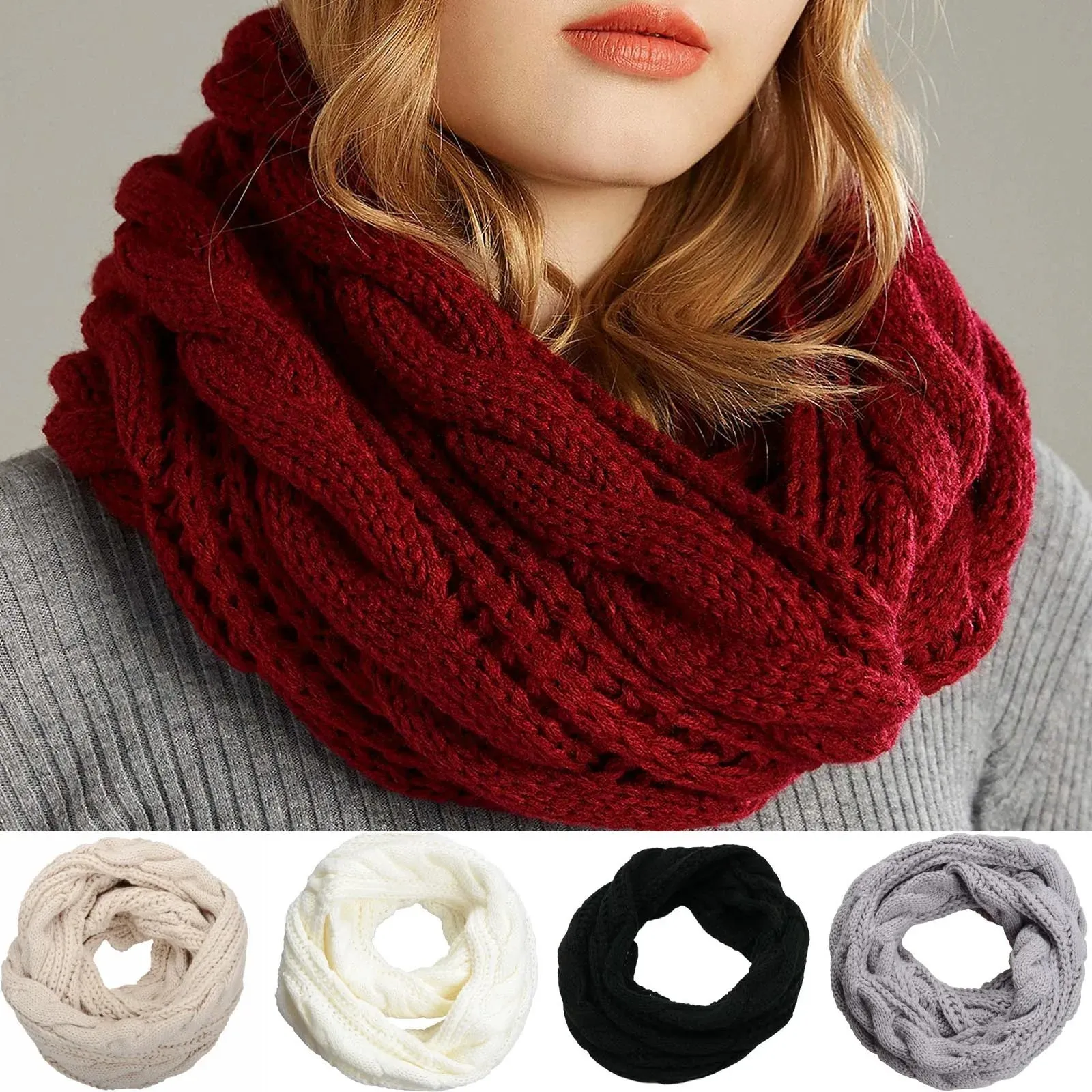 Znbbw Womens Solid Thick Scarf Ribbed Knit Winter Circle Loop Scarf Vintage Teenagers Girls Ring Scarves Autumn Winter Warmer Neck