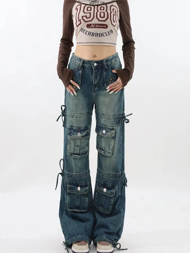 Znbbw Women's Blue Cargo Jeans Y2k Wide Leg Pants High Waist Jeans Korean Aesthetic Fashion Baggy Denim Trouser Vintage Straight Jeans - Image 5