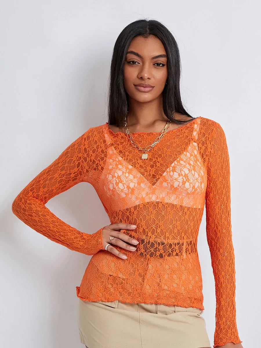 Znbbw Women's See-Through Lace Sheer Tops 2024 Fall New Chic Long Sleeve Round Neck Slim Fit T-Shirts Going Out Tops for Party - Image 3